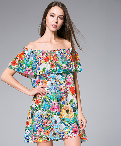 Dress - Flowers Printed silk crepe mini  dress